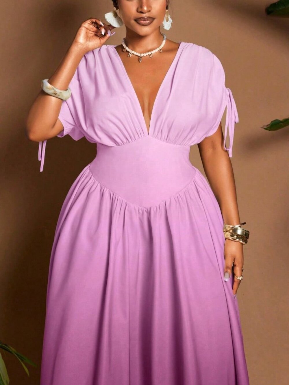 Multicolor Purple Women's Plus Size Ombre V-Neck A-Line Maxi Dress - Picture 4 of 7